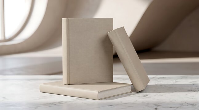 Minimalist composition of three blank beige books on a textured surface with soft lighting.