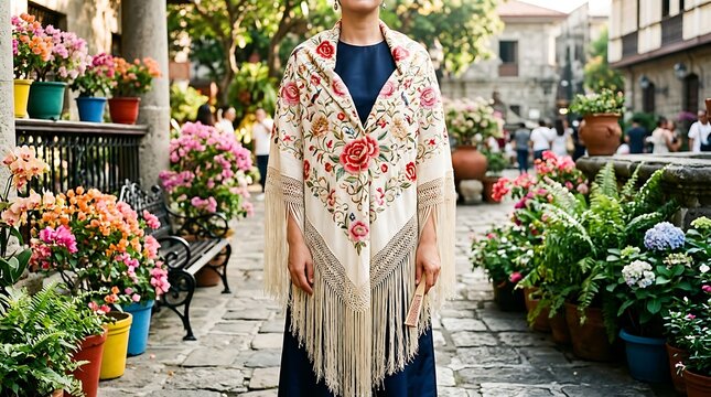 Woman wearing traditional Manila shawl with floral embroidery in a colorful colonial street.