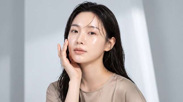 Beautiful Asian woman with glowing dewy skin touching face for skincare advertisement beauty and wellness portrait shot