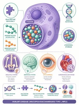 Hurler disease medical infographic with lysosomal storage disease pathology and mps I symptoms