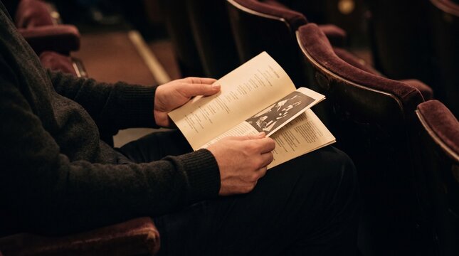 Hands holding a theatre programme. Person reading a playbill in a dark auditorium.