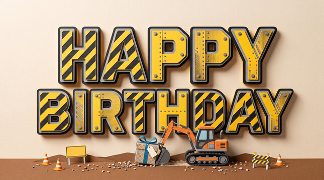 Happy Birthday text construction site paper craft theme with excavator toy, gift box, cones, industrial caution stripes for boys party greeting card.