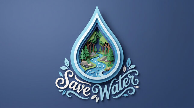 Save Water text paper craft eco badge with lush forest and river inside big water drop silhouette on dark blue background 3D render.