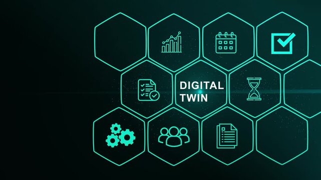 Digital twin industrial technology and manufacturing automation technology. Abstract social media icons. digital interface on cyan color background