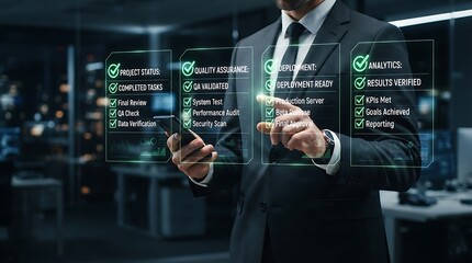 Obraz premium A professional businessman interacting with a futuristic digital interface showing complex data analytics and financial information in a modern dark office