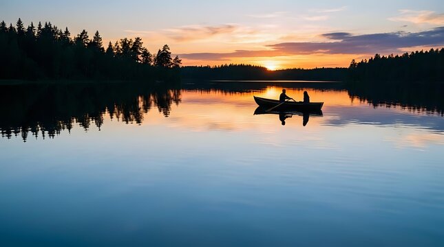 Silhouette of fishing boat on calm lake at sunset with evergreen forest reflections in still water during golden hour.