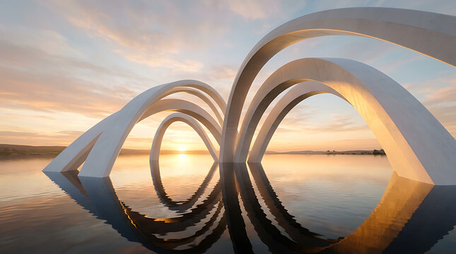 Abstract modern curved architectural arches reflecting on water at golden hour with architecture