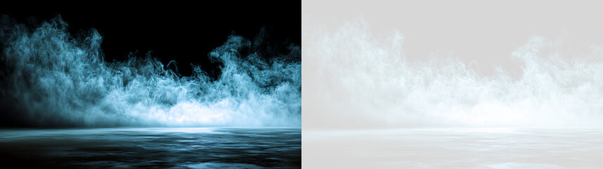 Obraz premium Illuminated blue fog mist rising over reflective dark ground. Spooky ice haze overlay on black and transparent background