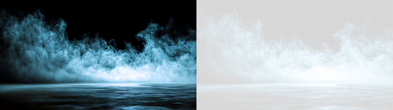 Illuminated blue fog mist rising over reflective dark ground. Spooky ice haze overlay on black and transparent background