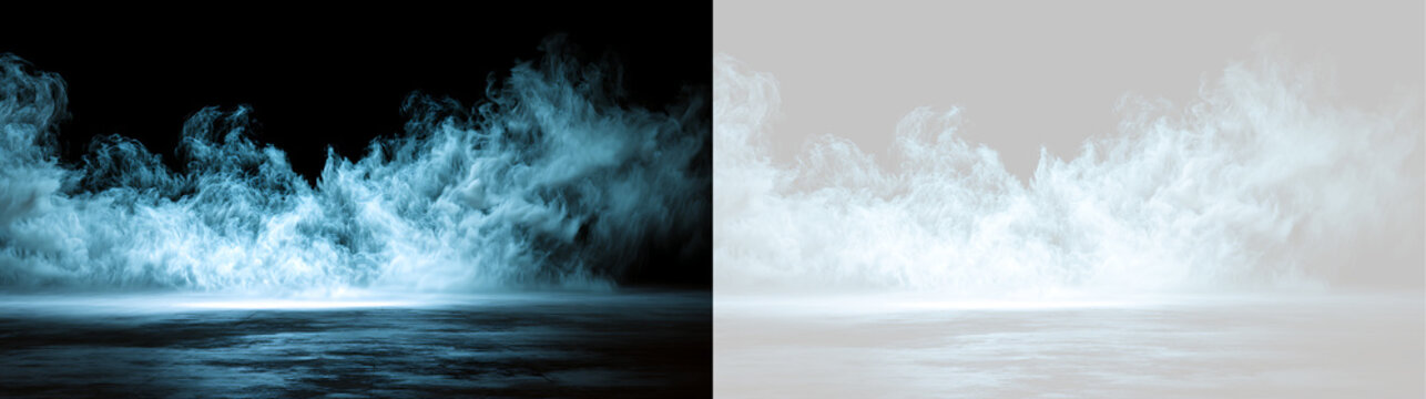 Dense blue smoke billowing from reflective concrete surface. Glowing atmospheric mist overlay on black and transparent background
