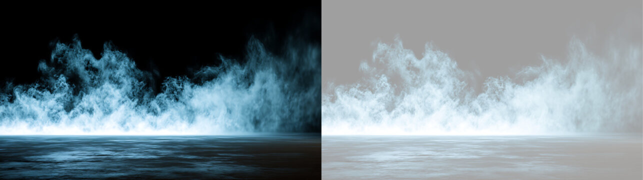 Low lying blue fog effect on wet dark ground. Isolated glowing cyan smoke overlay on transparent grid background