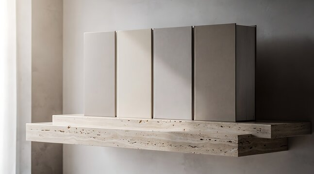 Modern Kitchen Range Hood with Clean Lines and Natural Wood Shelf.