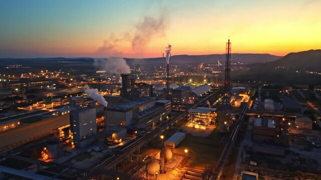 Smoke rises from the stacks of factories as the sun sets in the background. Lights from the industrial site illuminate the area and the horizon.