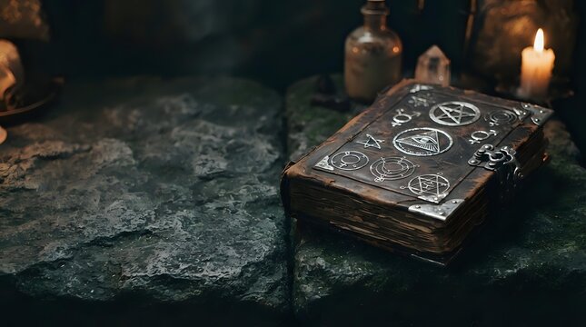 Closed leather-bound grimoire with occult symbols on dark stone surface, surrounded by burning candles and mystical atmosphere for witchcraft, spirituality, and esoteric practices.