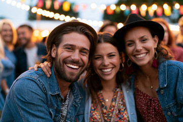 Naklejka premium three smiling individuals posing together in a festive outdoor setting with string lights and colorful clothing, blue and brown tones, happy and lively mood, front view.