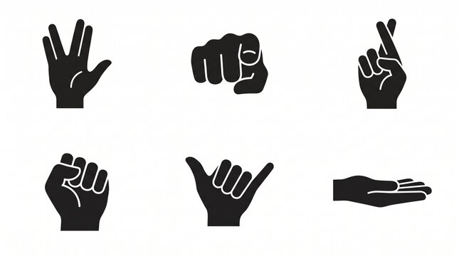Collection of expressive hand gesture silhouette icons featuring Vulcan salute, fist, crossed fingers, pointing finger, shaka sign, and open palm for communication and design projects.