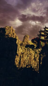 Golden sunlight bathes rugged cliffs near an ancient temple as dark clouds gather overhead. Natures beauty and architecture coexist in this enchanting scene.