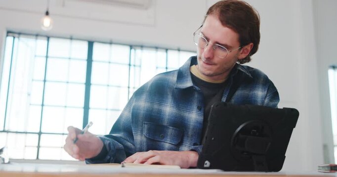 Architect, paper or man in agency with writing, design planning and draft of renovation strategy. Review, tablet and engineer with document, progress checklist and project brief for remodeling.