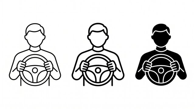 Minimalist driver silhouette icons featuring outlined and filled styles, symbolizing steering and control, ideal for signage, infographics, transportation apps, and modern automotive design projects.