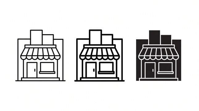 Stylized storefront icon collection featuring outlined and filled variations, ideal for retail branding, signage, e-commerce platforms, and modern design projects emphasizing business identity visuals
