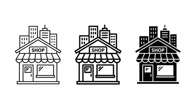 Stylized storefront icon collection featuring outlined and filled variations, ideal for retail branding, signage, e-commerce platforms, and modern design projects emphasizing business identity visuals
