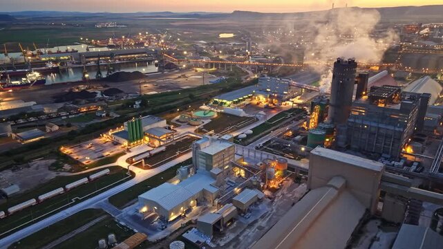 Factories and equipment are visible in the industrial zone as the sun sets. Smoke rises from chimneys while lights turn on. Trucks and trains are present at the site.