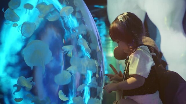 Curious Asian toddler girl with her mother touching glass aquarium tank while watching glowing jellyfish, happy young family enjoying marine life exhibit together, early childhood learning, sea life
