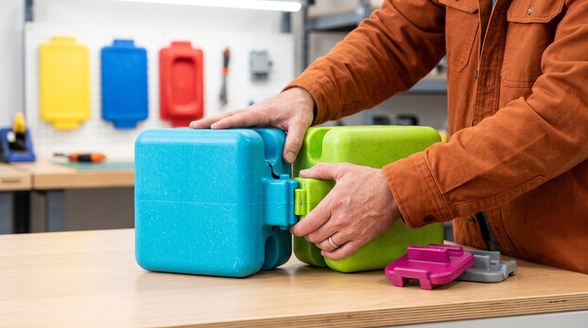 Maker assembles modular recycled plastic playground parts