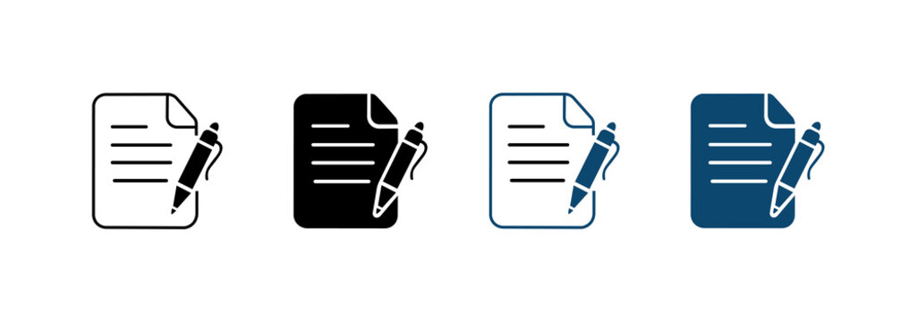 Document icon set with a pen. Business management symbols. Pen, signature, and document icons.