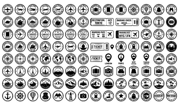 Vintage travel stamp vector collection with airplanes ships tickets and adventure symbols isolated on white background
