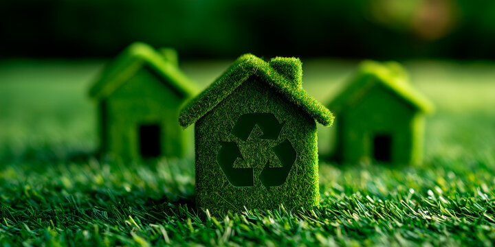 Green house silhouettes sit on grass surface. Recycling symbol cut out on central home structure represents sustainable living concept. Eco friendly building design shows environmental awareness