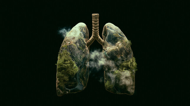 Lungs shaped by mountains and forest representing earth breathing