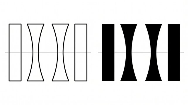Symmetrical geometric shape collection featuring outlined and filled rectangles and concave forms, highlighting contrast, balance, and visual perception for design, optical illusions, and modern creat