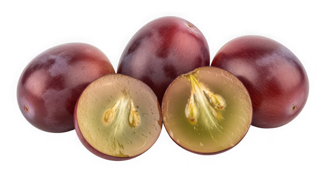 Fresh red grapes with one grape cut in half showing seeds and juicy pulp