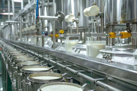 Dairy factory production line filling milk containers