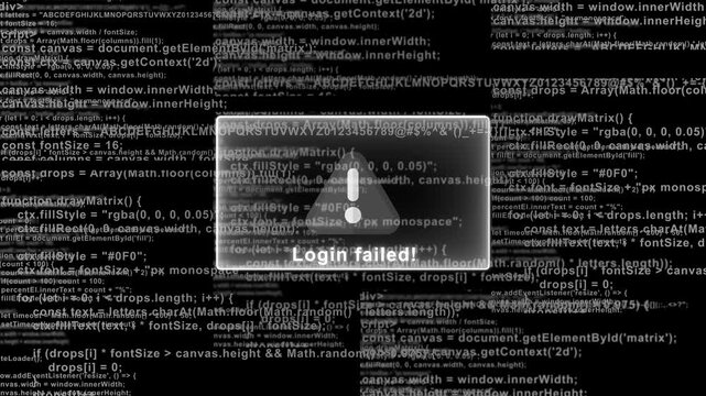 Cyber security login failed alert message with blue matrix code background for hacking visualization and unauthorized system access