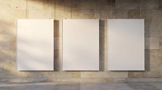 Three blank white canvases on a textured wall with sunlight and shadows.