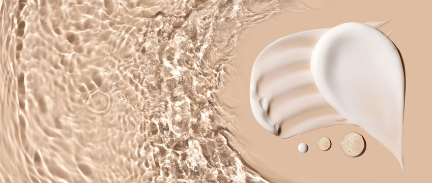cosmetic cream smears, smooth and shiny texture, water texture ripple wave clean transparent water drops abstract beige background