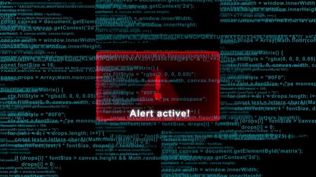 Digital cybersecurity alert active warning message with blue matrix background for hacking system and data corruption visualization error"