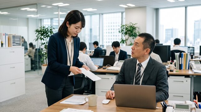 ノートパソコンが置かれた自席に座っている上司に向けて、申し訳なさそうな表情で退職願が入った封筒を両手で提出している20代日本人女性社員のバストアップポートレート