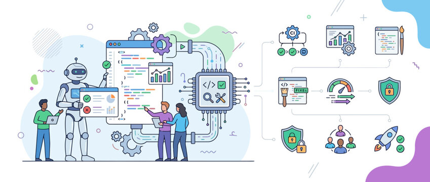 AI robot and human team collaborating on secure software development and system architecture