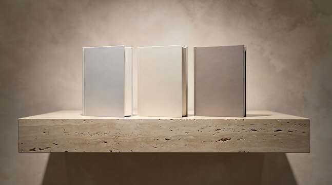 Three minimalist books in neutral tones displayed on a textured shelf.