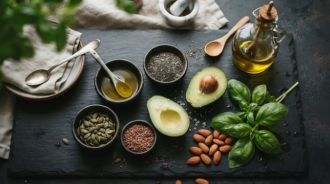 Top view of fresh avocado halves surrounded by bowls of spices seeds nuts olive oil and green basil on dark background