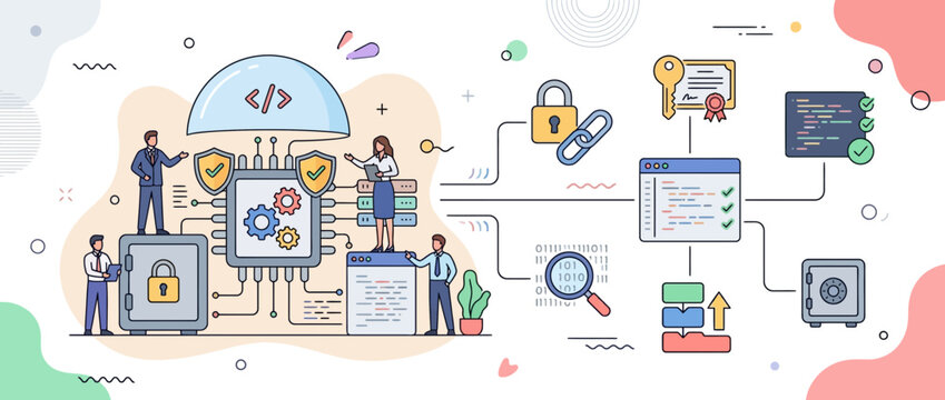 Software Development and Cybersecurity Concept with Team Working on Secure Coding and Data Protection