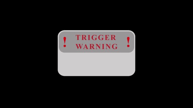 Red neon trigger warning sign with exclamation marks on dark background