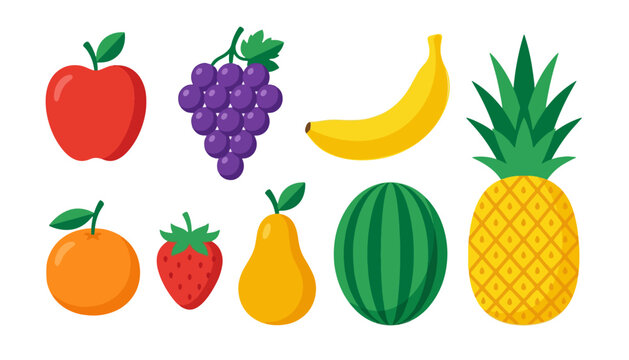 Collection of various fresh fruits including apple grapes banana pineapple orange strawberry pear and watermelon vector flat style graphics.