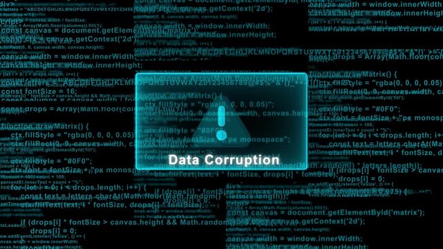 Cyber security data corruption warning message with blue matrix code background for hacking and system error
