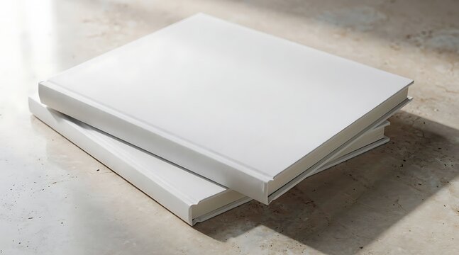 Two blank white hardcover books stacked on a textured surface with natural light.