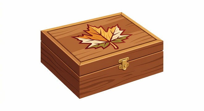 Vintage Wooden Storage Box with Maple Leaf Carving Vector Graphic for Autumn Packaging