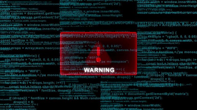 Warning error message on blue matrix code background for cyber security hacking visualization and data corruption protection screen